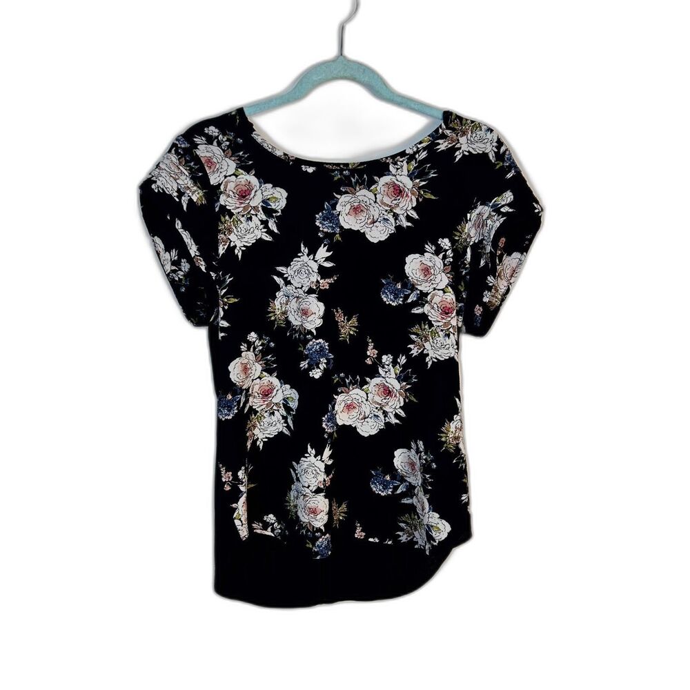 AUW Blouse Top Womens Medium Black Floral Stretch Cottagecore Romantic Feminine